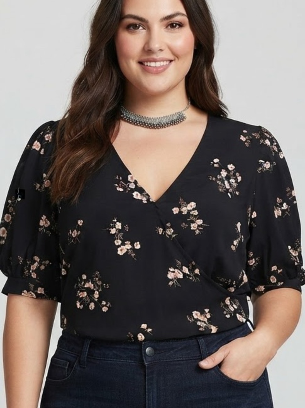 ABERCROMBIE & FITCH Black Floral Puff Sleeve Smocked Waist Blouse XL